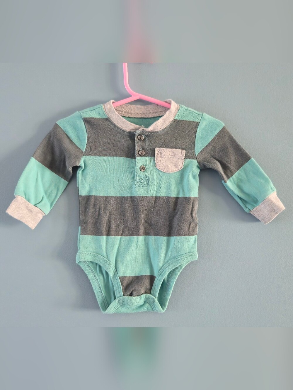 Striped Long-Sleeve One-Piece in Aqua and Gray 6m